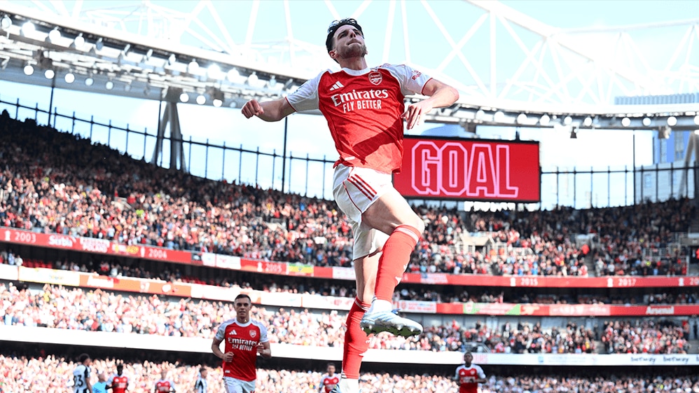Declan Rice celebrates scoring against Newcastle United