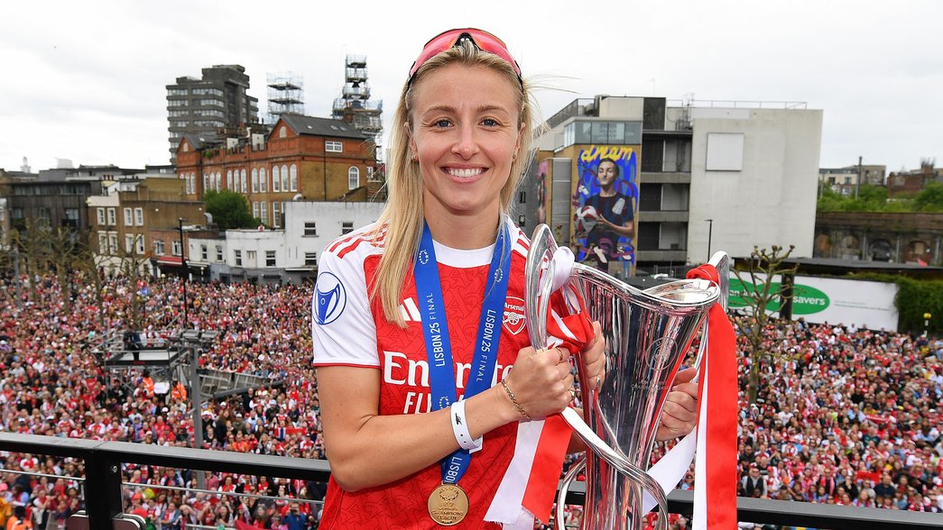 Leah Williamson with the Women's Champions League trophy