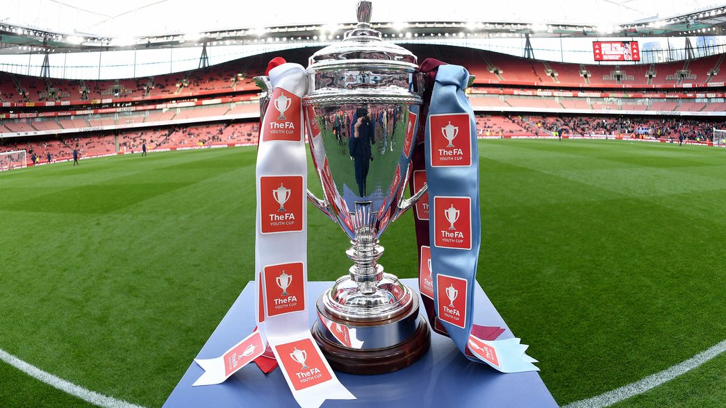 The FA Youth Cup trophy sits on its plinth at Emirates Stadium ahead of the 2023 final
